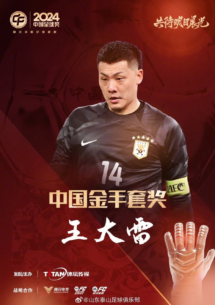  王大雷榮獲中國金手套獎，謝文能入選中國金球獎候選人前三名