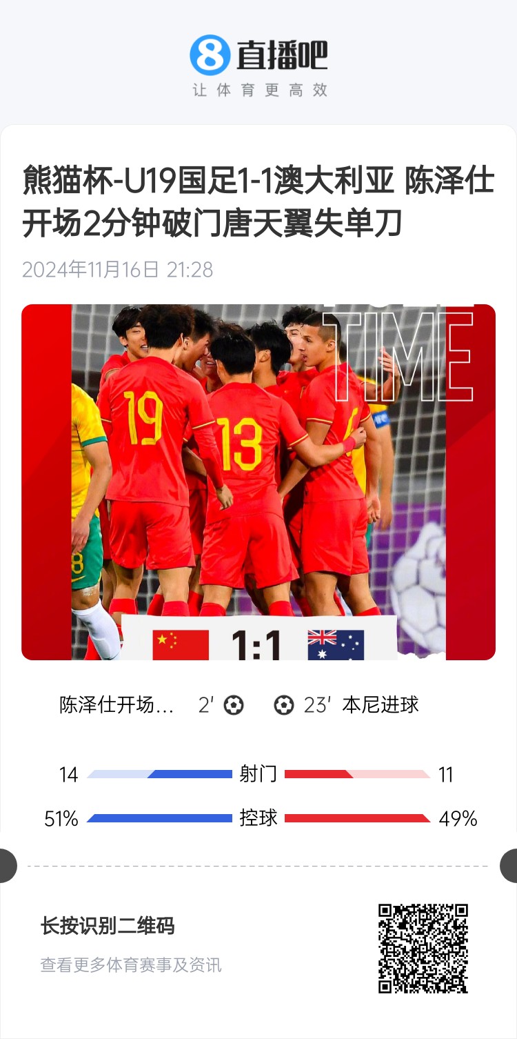  二番戰(zhàn)！U20國青與澳大利亞去年熊貓杯剛有過交手，雙方1-1戰(zhàn)平