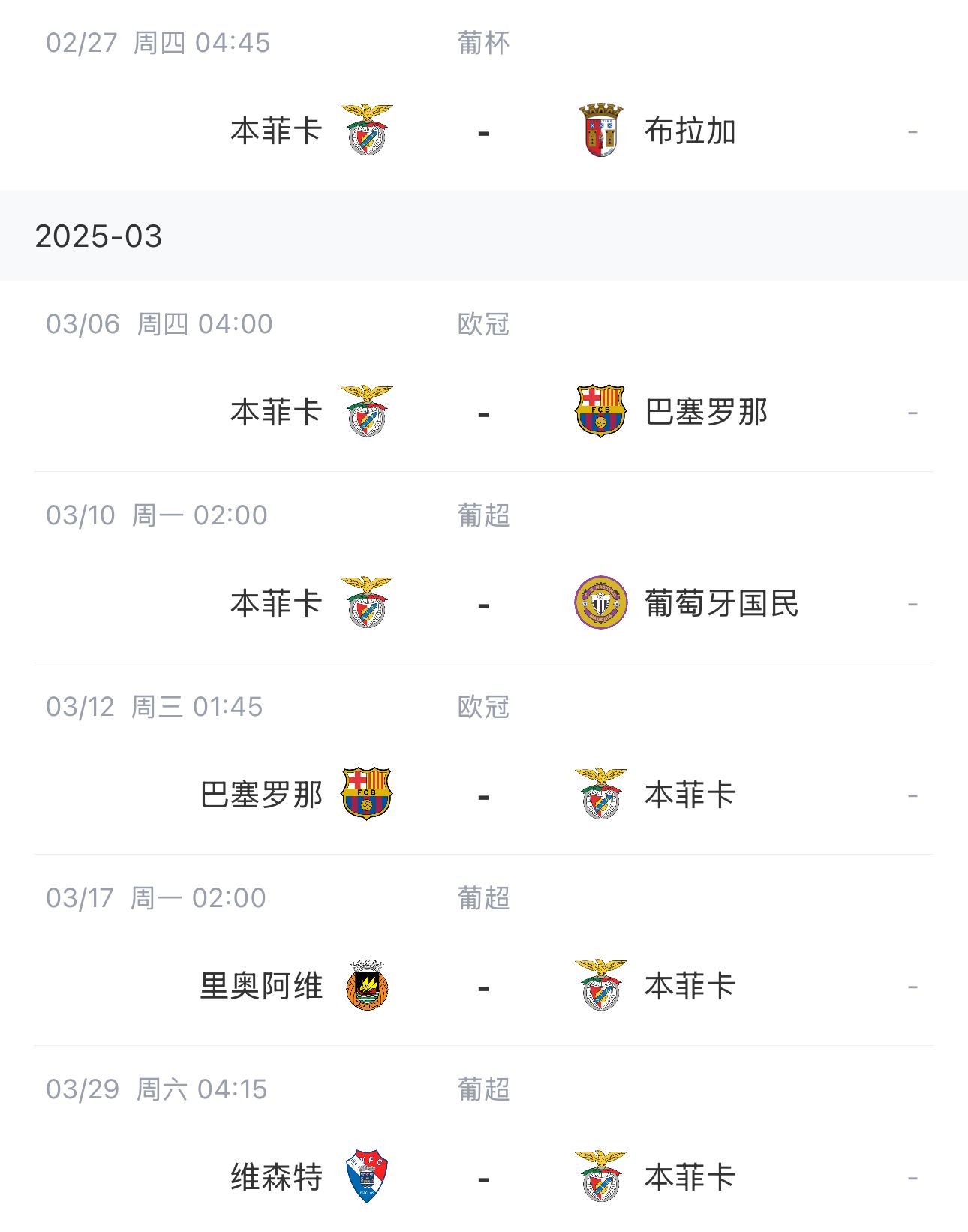  讓路歐冠！本菲卡戰(zhàn)巴薩首回合比賽前的葡超比賽推遲進(jìn)行