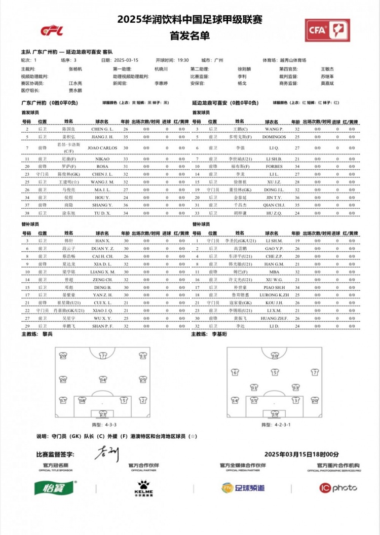 廣州豹vs延邊龍鼎首發(fā)：卡洛斯、羅薩、尼康三外援領(lǐng)銜廣州豹