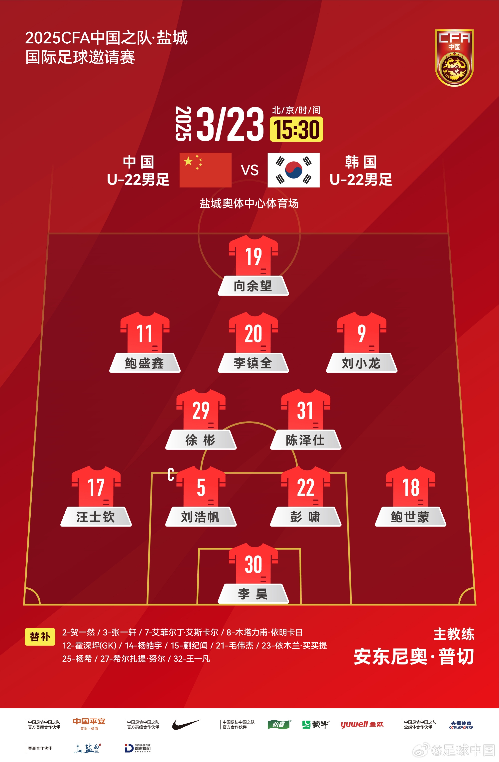  鹽城四國賽，中國U-22男足對(duì)陣韓國U-22男足，中國隊(duì)首發(fā)陣容